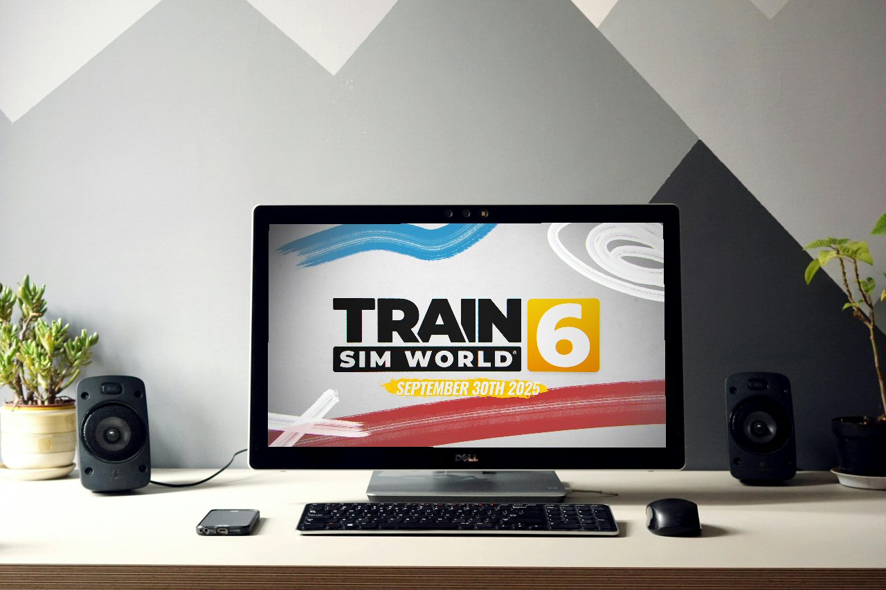 plaatje bureau met laptop met afbeelding Train Sim World 6