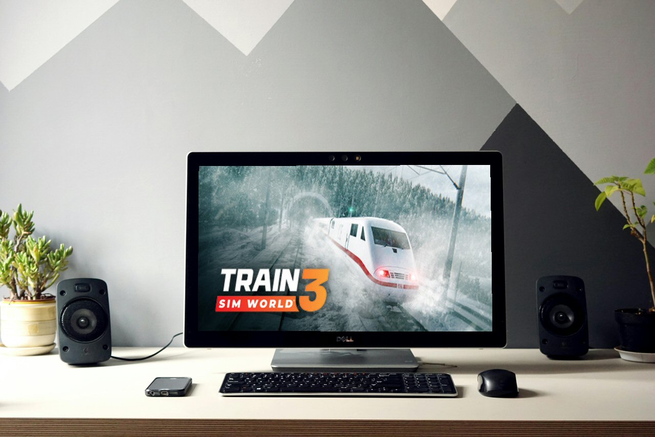 plaatje bureau met laptop met afbeelding Train Sim World