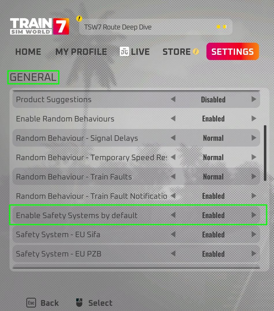 schermafbeelding general settings (instellingen) Train Sim World 7