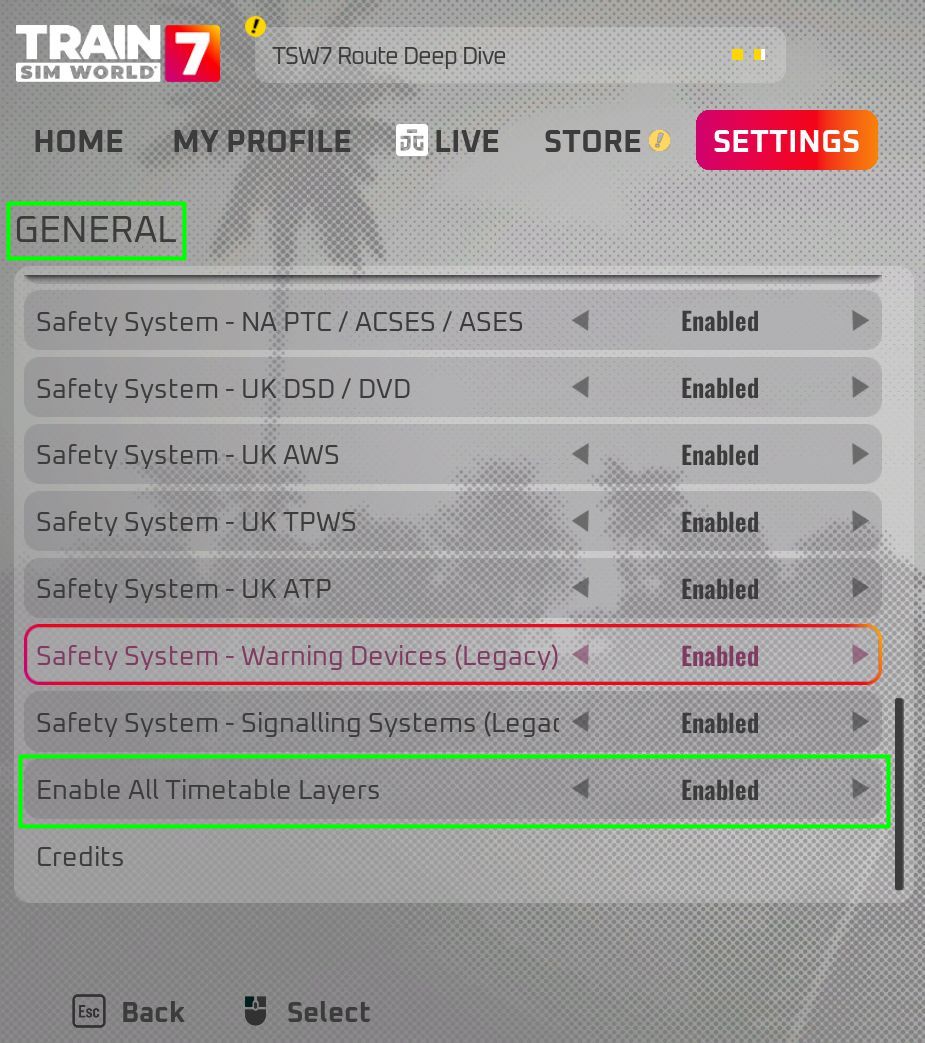 schermafbeelding general settings (instellingen) Train Sim World 7