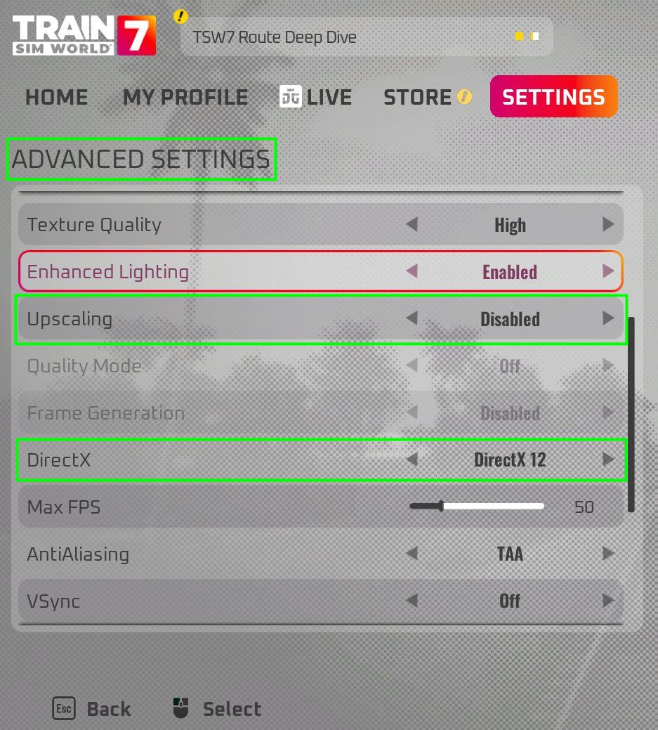 schermafbeelding general settings (instellingen) Train Sim World 7