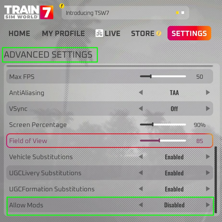 schermafbeelding general settings (instellingen) Train Sim World 7